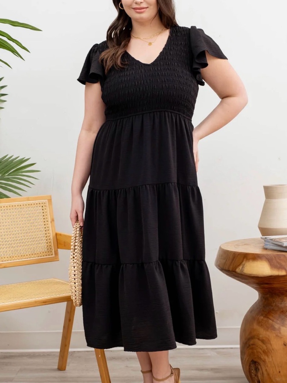 Blu Pepper PLUS SIZE Black Smocked Flutter-Sleeve Tiered Midi Dress